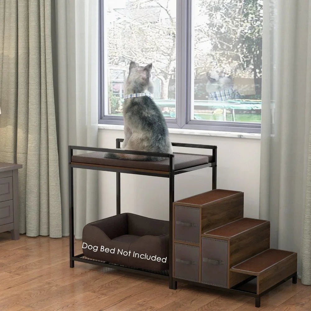 Dog Bunk Bed Window Pet Perch Elevated for Cats Dogs, Non-slip Pad and Storage